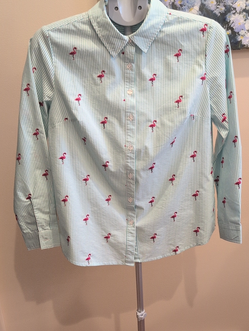 Lemon Way Mint and White Striped Shirt With Embroidered Flamingos.